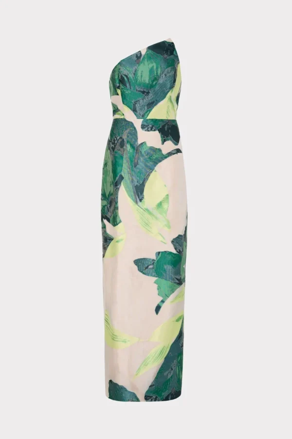 MILLY Jumpsuits & Rompers-Asymetrical Tropical Forest Jacquard Midi Dress