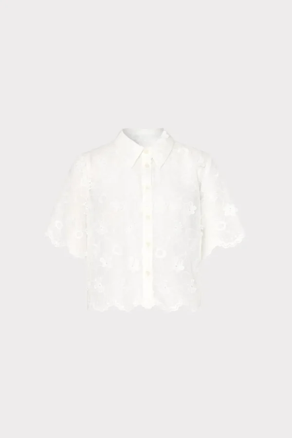 MILLY Cover-Ups-3D Floral Cotton Eyelet Button Up Top